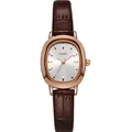 GEDI Vintage Quarz-Damenuhr mit ovalem Roségoldgehäuse und braunem Lederarmband - Roségoldgehäuse Weißes Zifferblatt Kaffeebraunes Band