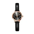 Montre quartz femme avec bracelet en cuir noir, boîtier or rose et index cristal - Boîtier Or Rose Cadran Noir Bracelet Noir