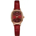 Montre à quartz ovale vintage avec cadran rouge foncé et bracelet en cuir rouge rose - Boîtier Or Rose Cadran Rouge Bracelet Rouge (Grain de Bambou)