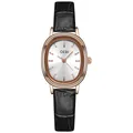 Montre ovale en or rose vintage avec cadran argenté et bracelet en cuir noir - Boîtier Or Rose Cadran Blanc Bracelet Noir