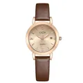 Women's quartz watch with dark brown leather strap, rose gold case, and date window - Brown