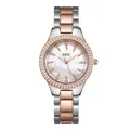 Montre quartz pour femme avec bracelet bicolore en acier et lunette sertie de cristaux fins - Boîtier Or Rose Cadran Blanc Bracelet Bicolore Or Rose
