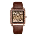 Reloj de cuarzo cuadrado vintage para mujer con esfera champán y correa de cuero y diamantes - Marrón