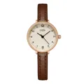 Minimalist women's quartz watch with rose gold round case and brown leather strap - Rose Gold Case Rose Gold Dial Brown Strap
