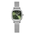 Montre carrée argentée élégante avec cadran vert soleil et bracelet en maille acier - Coque Blanche Ip Clous Blancs Surface Verte Ceinture En Maille Blanche