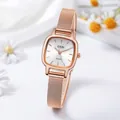 Montre à quartz carrée or rose pour femme avec bracelet chic en maille milanaise - Boîtier Or Rose Cadran Blanc