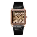 Reloj cuadrado GEDI para mujer con bisel de diamantes oro rosa y cuero negro - Negro