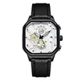 Reloj de cuarzo octogonal negro GEDI con esfera blanca multifunción y correa de cuero - Caja Negra Esfera Blanca Correa Negra