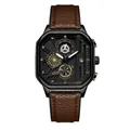 Reloj GEDI para hombre cuadrado con caja negra mate y correa de cuero marrón - Caja Negra Esfera Negra Correa Marrón