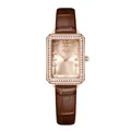 Elegant rose gold square watch for women with rhinestone bezel and brown leather strap - Brown