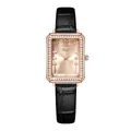 Elegant rose gold rectangular watch with crystal bezel and black leather strap - Black