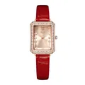 Elegant Gedi rectangular rose gold watch with sparkling crystals and red leather strap - Red