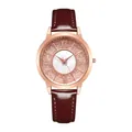 Reloj elegante para mujer con correa de cuero burdeos, caja de oro rosa y esfera de cristales - Burdeos