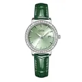 Luxus Damen-Quarzuhr mit grünem Lederarmband, Diamantlünette und Kalenderanzeige - Grünes Armband Silber Gehäuse Grünes Zifferblatt