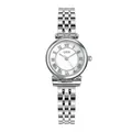 Macro view of GEDI silver quartz watch with Roman numerals and steel mesh bracelet - Silver Case White MOP Dial Silver Band