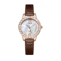 Women's quartz watch with rose gold crystal bezel, mother of pearl dial and brown leather strap - Dark Brown