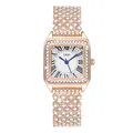 Macro detail of luxury square watch featuring rose gold pavé crystals and white dial - Rose Gold/White Dial