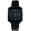 Square black minimalist watch with date display and rhinestone indices on a black leather strap - Black