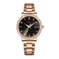 Rose gold stainless steel women's quartz watch with crystal bezel and dark grey date dial - Rose Gold Black Dial