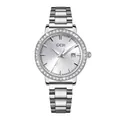 Elegant silver stainless steel quartz watch with crystal bezel and date display window - Silver Strap Silver Dial