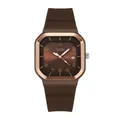 Montre à quartz carrée marron chocolat avec bracelet en silicone et lunette or rose - Boîtier Café Cadran Café Bracelet en Silicone Café