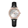 Women's rose gold quartz watch with crystal bezel, silver dial and black leather strap - Black Strap Rose Gold Case Silver Dial