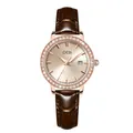 GEDI luxury women's watch with gold diamond bezel, date function, and brown leather strap - Brown Strap Rose Gold Case Rose Gold Dial
