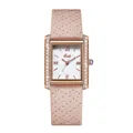 Detailed view of Gedi square watch with quilted pink leather strap and diamond bezel - Rose-colored Rose-studded White Apricot Leather Belt