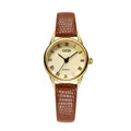 Vintage dameskwartshorloge met gouden kast, Romeinse cijfers en bruine leren snake-band - Koffie Leren Band Gouden Kast Gouden Wijzerplaat