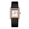 Detail of Gedi rectangular watch showing rose gold rhinestone case and quilted leather strap - Rose Gold Case White Dial Black Leather Strap