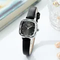 GEDI vintage square watch for women with silver case, sunburst grey dial and black leather strap - Black Dial Silver Case Black Leather