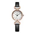 Detail of GEDI women's watch featuring white textured dial and black leather strap - Rose Gold Case White Glass White Dial Black Strap