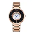 Montre femme en acier rose doré avec anneau de cristal noir et aiguilles bleues - Bracelet en Or Rose avec Zircone Noire