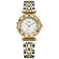 Elegante Armbanduhr aus Edelstahl in Gold und Silber mit römischem Zifferblatt für Damen - Zweifarbiges Goldarmband Goldgehäuse Weißes Zifferblatt