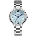 Elegant ladies waterproof steel watch with light blue ripple dial and diamond markers - Silver Case Blue Dial Steel Strap