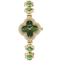 Luxury gold four-leaf clover bracelet watch with green agate dial and rhinestones - Gold