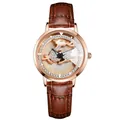 Orologio donna lusso oro rosa con quadrante renna di diamanti e cinturino marrone - caffè