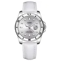 GEDI quartz luxury watch with silver stainless steel case and white leather strap - White Strap White Dial / White