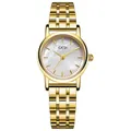 Elegant gold quartz watch with white mother-of-pearl dial and metallic link strap - Gold Band White MOP Dial