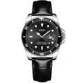Luxury quartz watch with black sunburst dial, silver bezel and black leather strap - Black Strap Black Dial / Black