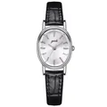 Elegante silberne Oval-Uhr mit schwarzem Lederarmband und minimalistischem Zifferblatt - Silbernes Gehäuse Schwarzes Lederarmband