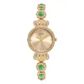 GEDI vintage luxury women's watch with gold metal band, green stones and crystal bezel - Gold Case Gold Dial