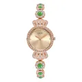 Elegante reloj joya en oro rosa con gemas verde esmeralda y detalles de diamantes - Caja Oro Rosa Esfera Dorada