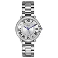 Classic silver steel watch with Roman numerals and blue hands on white background - Silver Case and Silver Dial and Silver Strap