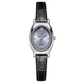 Elegant women's quartz watch with oval silver case, purple dial, and black leather strap - Silver Case Silver Marker Blue-Grey Dial Black Strap