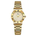 Elegante reloj de acero dorado con bisel de números romanos y correa de eslabones - Caja Dorada Esfera Dorada Correa de Acero Dorado