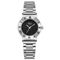 Elegante reloj de mujer en acero inoxidable plateado con esfera negra y números romanos - Caja de Plata Esfera Negra Correa de Acero Plateada