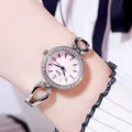 Women's quartz watch with pink dial, crystal bezel and silver hollow chain bracelet - Silver Case Pink Dial
