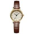 Elegant women's quartz watch with gold round case, champagne linen dial, and brown leather strap - Gold Case Gold Dial Bamboo Brown Strap
