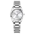 Elegant silver stainless steel quartz watch for women with crystal hour markers by Gedi - White Case White Dial with Steel Strap